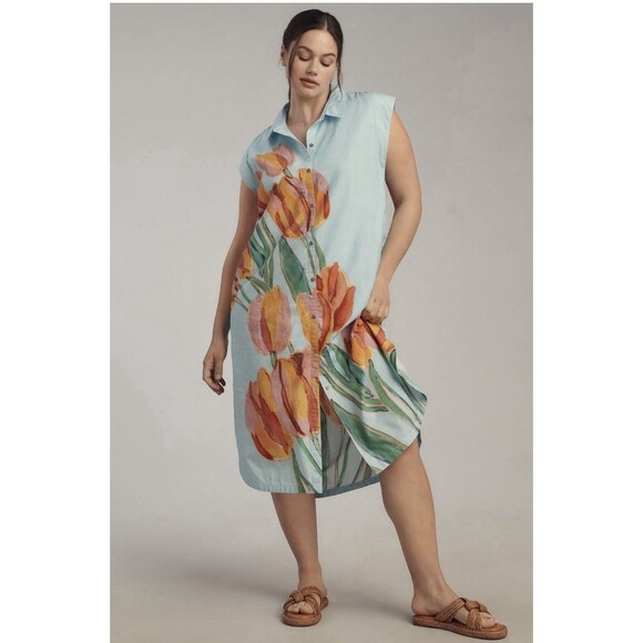 Anthropologie The Lillian Button-Front Midi Dress By Maeve Sz L Blue - Picture 2 of 9